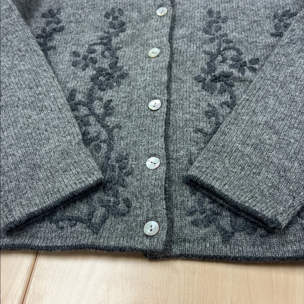 Karen Scott Pure Wool Gray Collared Button Front Embroidered Cardigan Blazer L